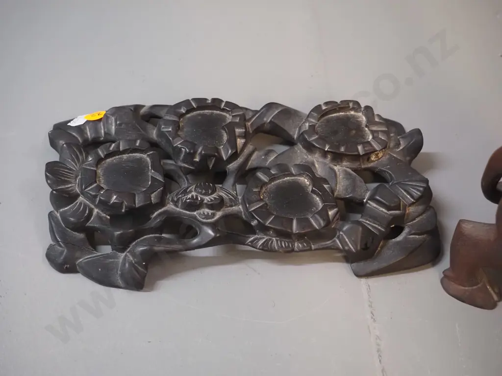 asian faux wood composite water buffalo and rider with carved wooden fitted lotus pattern base - overall H200 L230 Image 1++