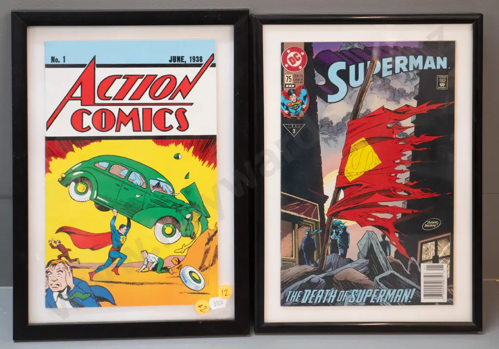 2 framed comic books - DC Comics Facsimile 1938 Action Comics and a 1993 Death of Superman V2 - frames H320 W220 Image 1++