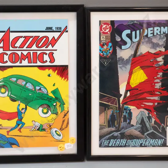 2 framed comic books - DC Comics Facsimile 1938 Action Comics and a 1993 Death of Superman V2 - frames H320 W220