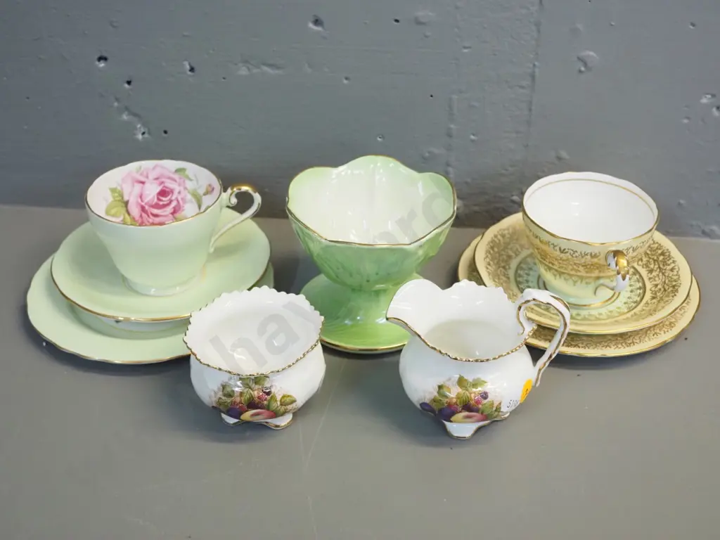 2 Aynsley trios, a cream & sugar, and a Maling lustre coupe dish Image 1++