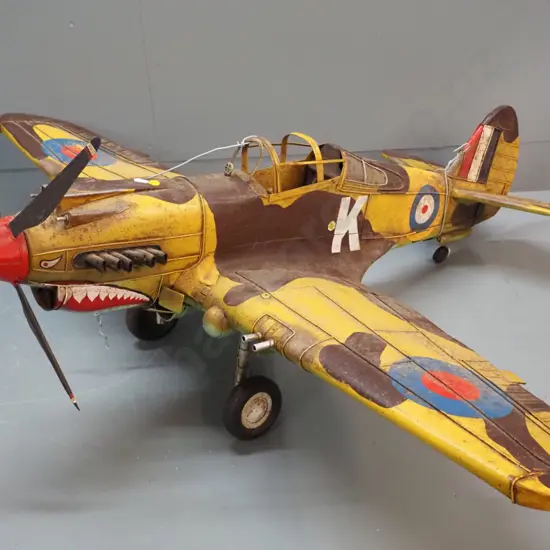large painted tin model Spitfire fighter pitting / surface corrosion H-420 L-990 W-1180