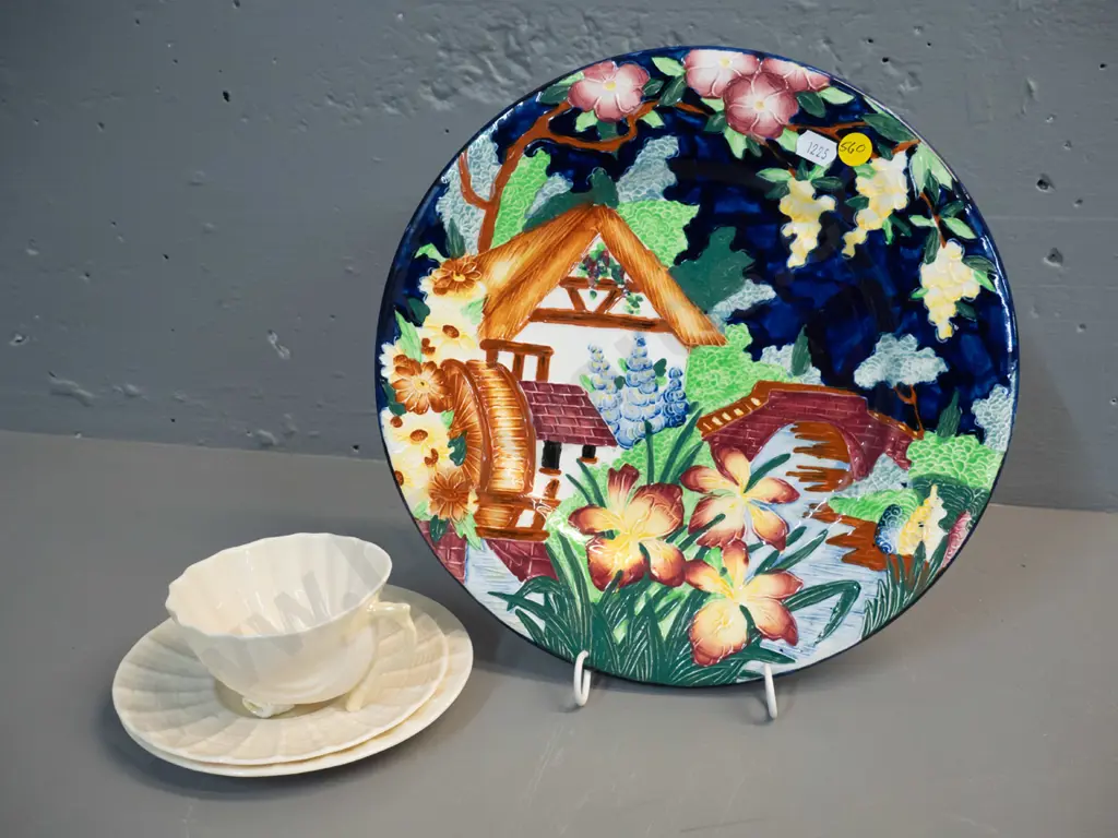 Maling display plate D280 and a Belleek brown mark trio Image 1++