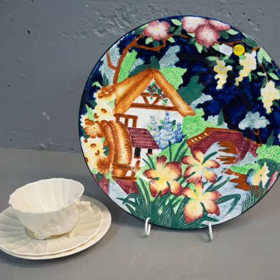 Maling display plate D280 and a Belleek brown mark trio