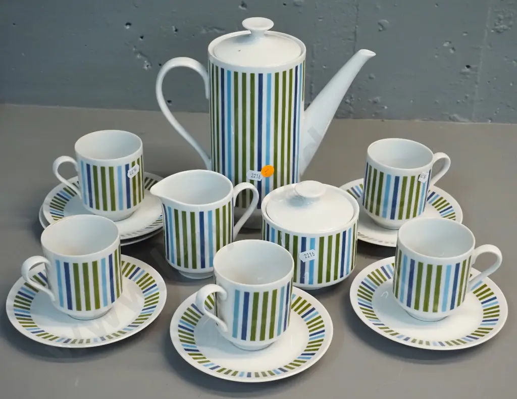 retro Mikasa coffee set including coffee pot, 5 cups & saucers, spare saucer, cream & sugar Image 1++