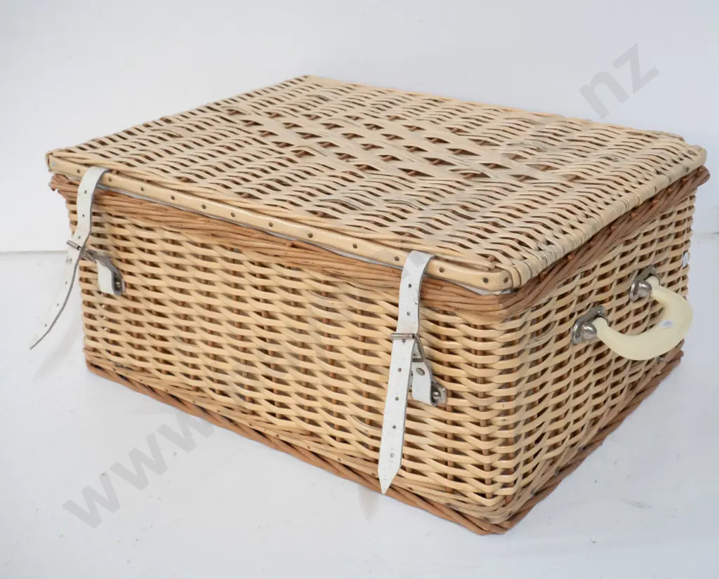 retro plastic coated cane picnic with assorted contents - Falcon ware plastic plates, cups, tin, etc. - very musty smell Image 1++
