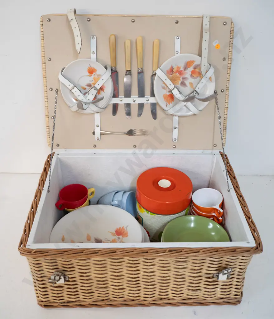 retro plastic coated cane picnic with assorted contents - Falcon ware plastic plates, cups, tin, etc. - very musty smell Image 1++