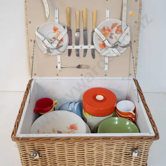 retro plastic coated cane picnic with assorted contents - Falcon ware plastic plates, cups, tin, etc. - very musty smell