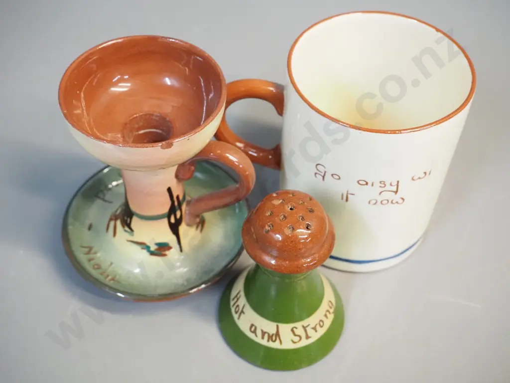 3 pieces of Torquay ware - chamberstick H-120 has an under-glaze fault Image 1++