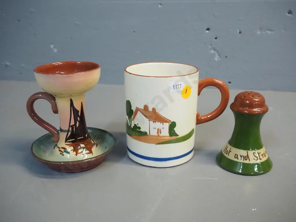 3 pieces of Torquay ware - chamberstick H-120 has an under-glaze fault Image 1++