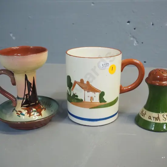 3 pieces of Torquay ware - chamberstick H-120 has an under-glaze fault