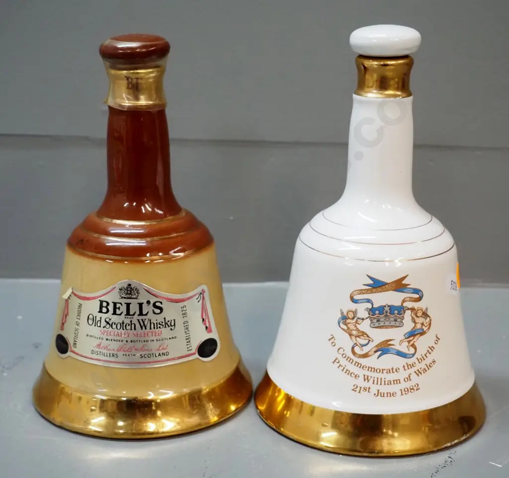 2 Wade porcelain Bell whisky decanters with contents - regular 375ml & 500ml birth of Prince William 1982 commemorative Image 1++