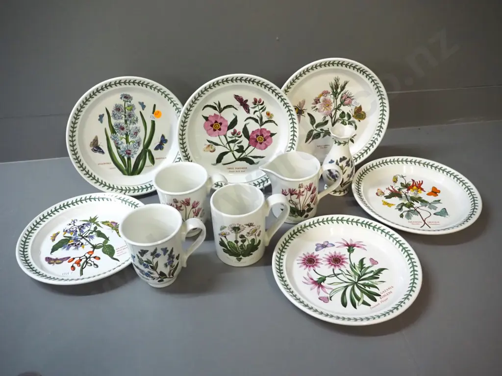 11 pieces of Portmeirion 'Botanic Garden' china - entree plates, mugs, jug and small vase Image 1++