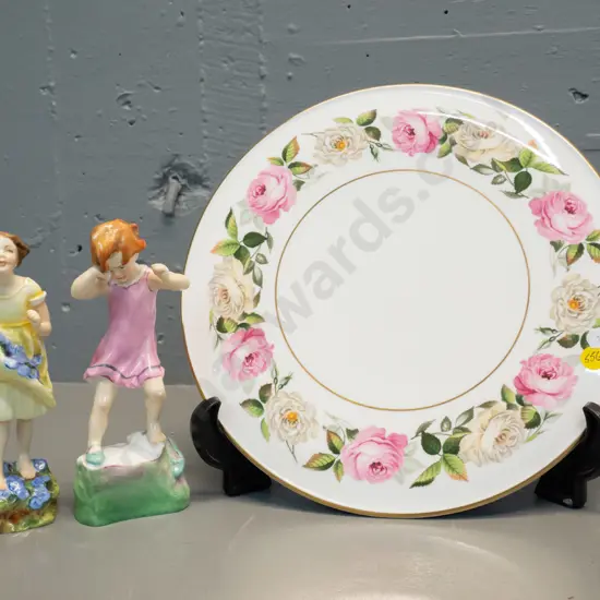 3 Royal Worcester china items - 2 figurines - Wednesday's Child & The First Cuckoo - and a Royal Garden cake plate D280