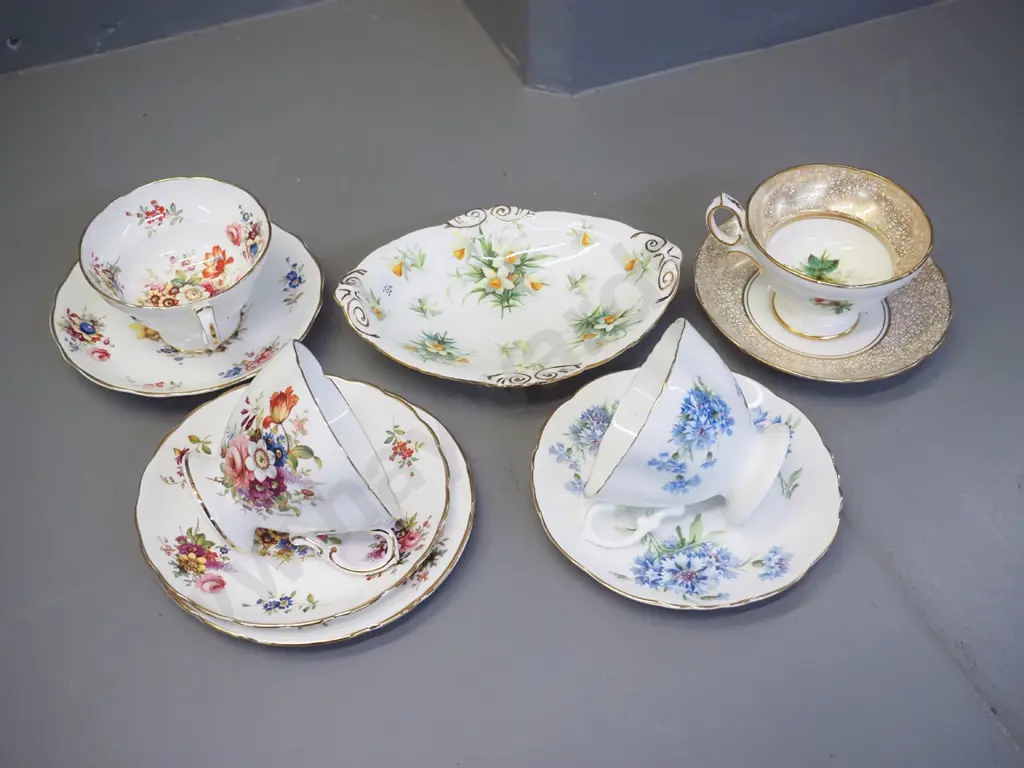 Hammersley china items - trio, 3 cups & saucers, daffodil pattern dish Image 1++