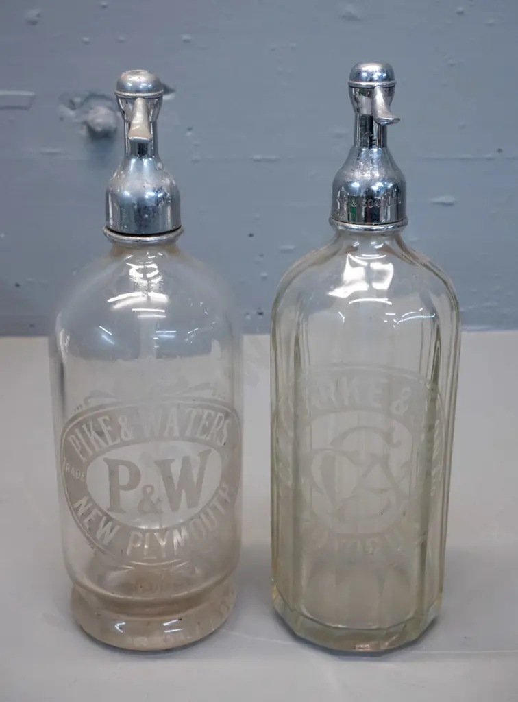 2 vintage soda syphons - Pike & Waters New Plymouth and CA Clark & Son Rotorua Image 1++