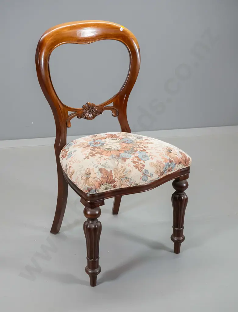 Victorian mahogany balloon back dining chair w/carved back rail, floral tapestry, some fading to polish H910 W460 D420 Image 1++