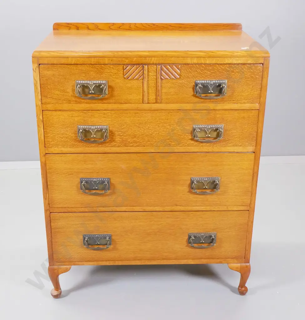 deco oak 4-drawer chest with brass drop handles H-1000 W-760 D-430 Image 1++