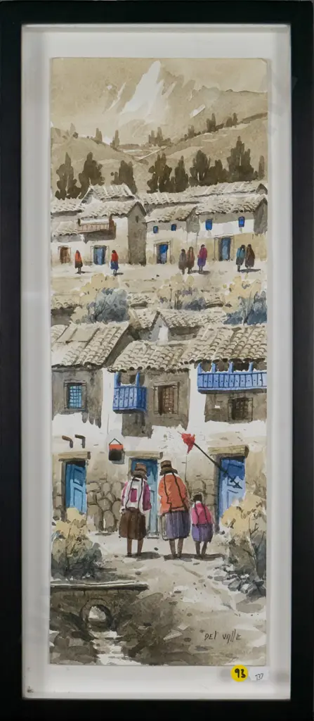 Del Valle - framed watercolour - village scene H-550 W-220 Image 1++