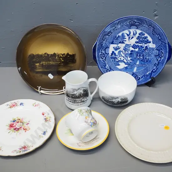 Belleek plate D200, Aynsley child's cup & saucer, Mt Egmont souvenir china, etc.