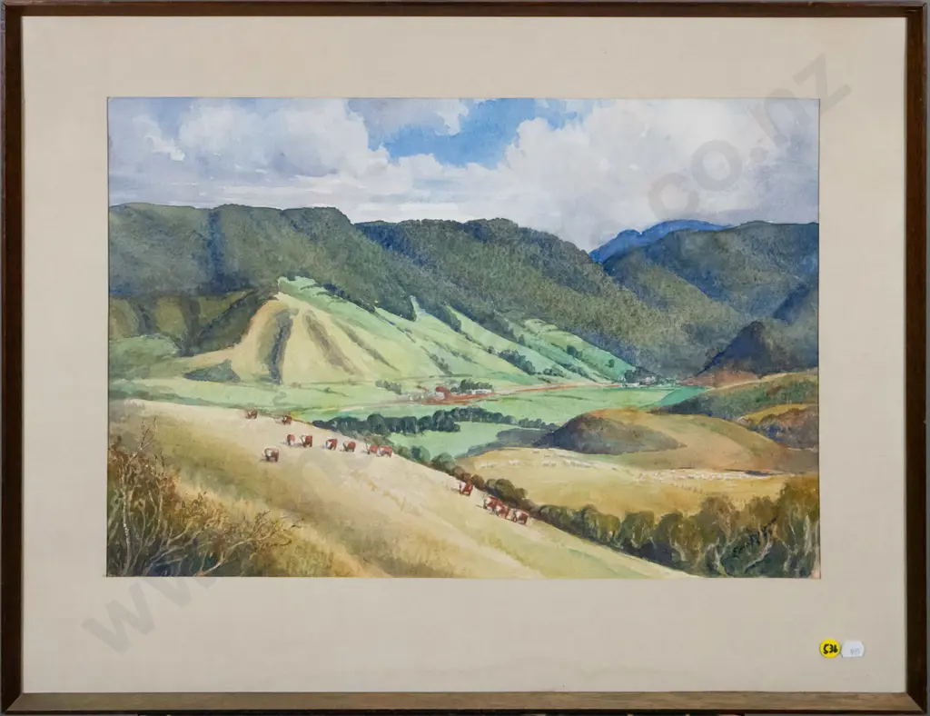 Edna Peterson - framed watercolour - Kahuika Valley H-350 W-530  (staining to mat) Image 1++