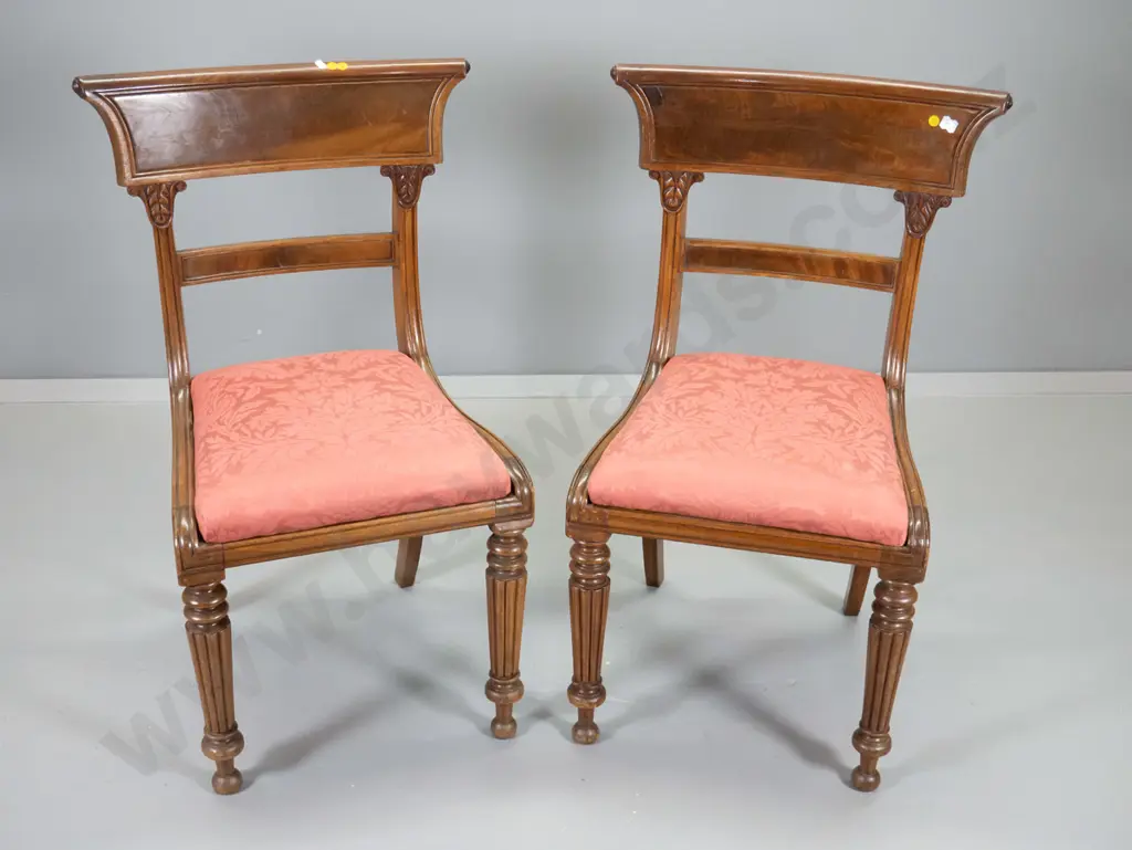 pair of Empire style mahogany w/flame veneer & carving on backs, pink damask fabric, one a bit loose in joints H880 Image 1++