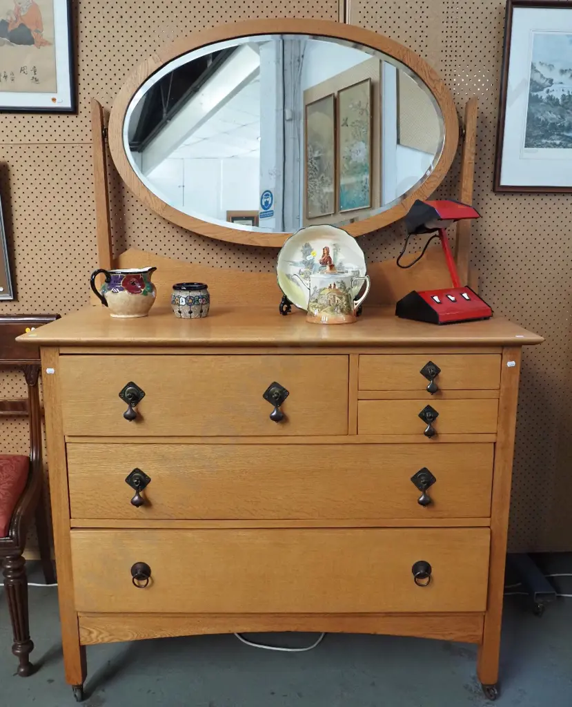 deco light oak 5-drawer dressing table with oval tilt mirror, on casters, one handle replaced H1710 W1140 D550 Image 1++