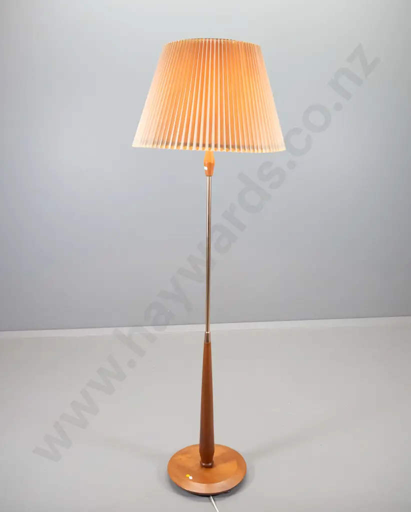 mid-century mahogany and copper finish metal floor lamp, with pleated shade H1680 Shade D-540 Image 1++