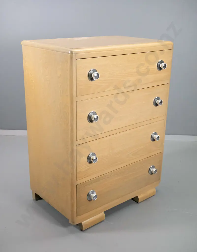 deco blonde oak 4-drawer chest with bakelite & chrome handles H910 W680 D440 Image 1++