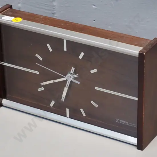 retro Smiths quartz movement mantel clock - timber and polished steel case H150 W250