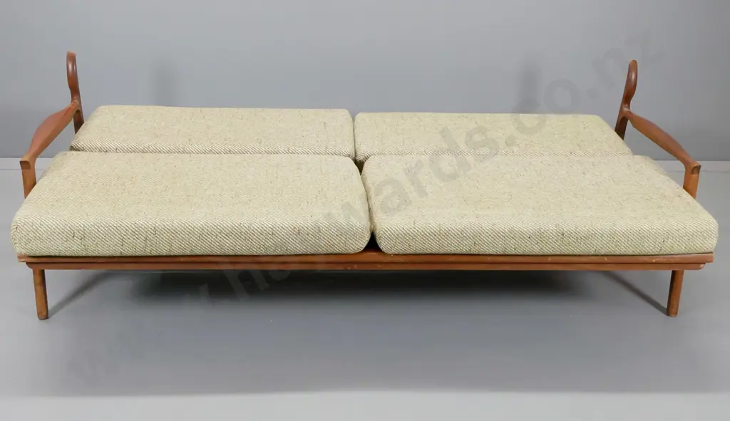 mid-century Don mahogany framed convertible 4-seater divan bed in wool fabric, repairs to frame H800 W2040 D830 Image 1++