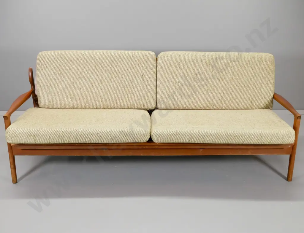 mid-century Don mahogany framed convertible 4-seater divan bed in wool fabric, repairs to frame H800 W2040 D830 Image 1++