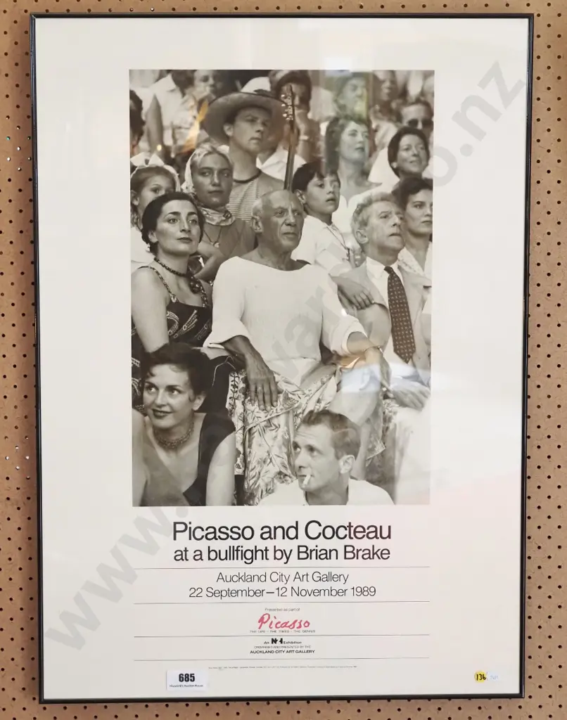 framed Auckland City Art Gallery promotional poster - Picasso and Cocteau at a bullfight by Brian Brake H-840 W-590 Image 1++