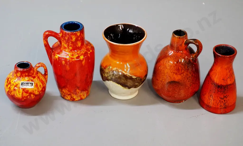5 small German pottery red/orange/brown vases - tallest is H-140 Image 1++