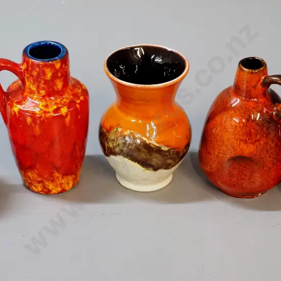 5 small German pottery red/orange/brown vases - tallest is H-140