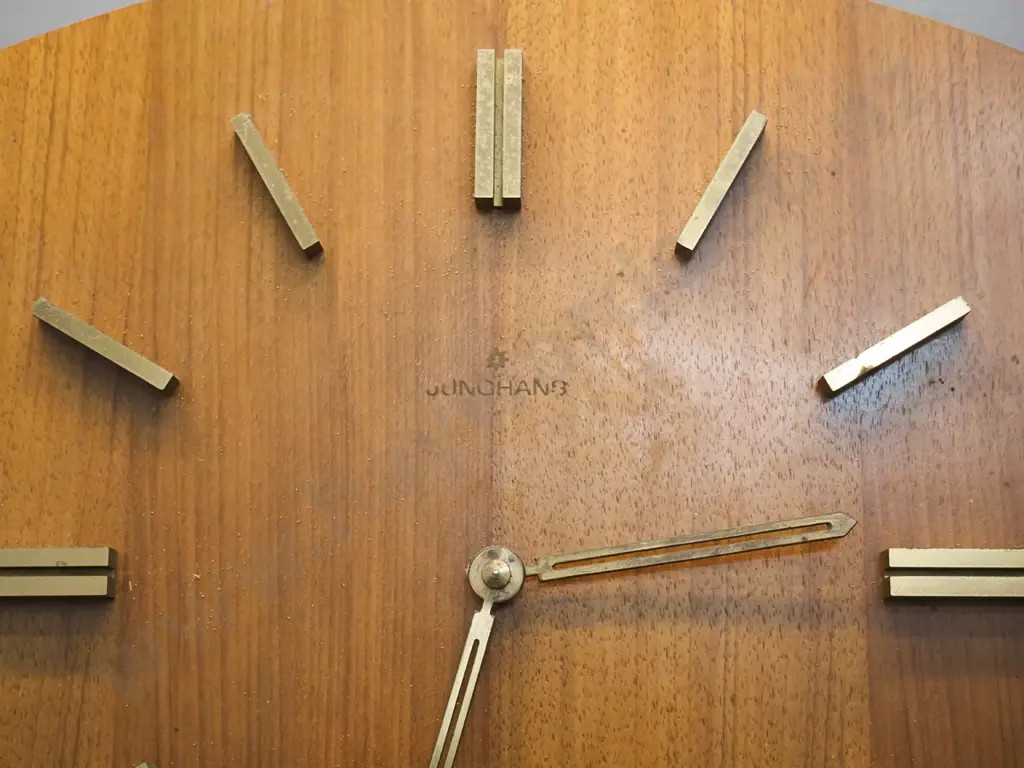 retro Junghans timber cased pendulum wall clock with brass weights and markers - Junghans logo partly rubbed off Image 1++