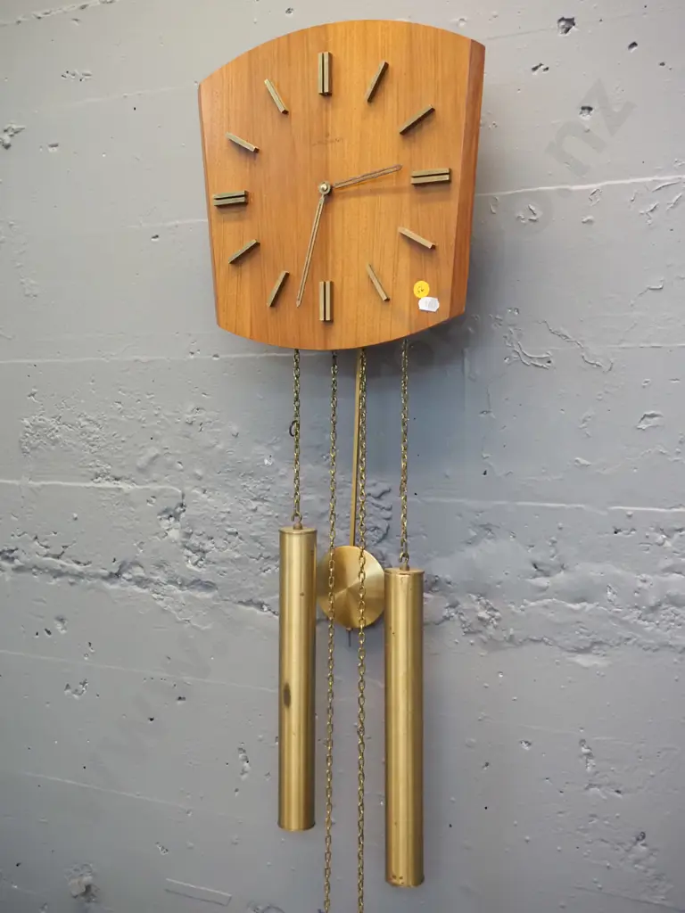 retro Junghans timber cased pendulum wall clock with brass weights and markers - Junghans logo partly rubbed off Image 1++