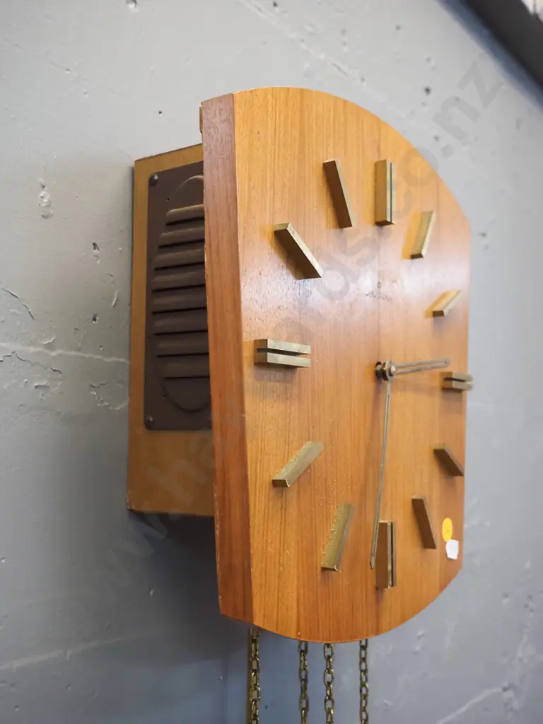 retro Junghans timber cased pendulum wall clock with brass weights and markers - Junghans logo partly rubbed off Image 1++