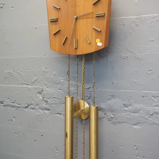 retro Junghans timber cased pendulum wall clock with brass weights and markers - Junghans logo partly rubbed off