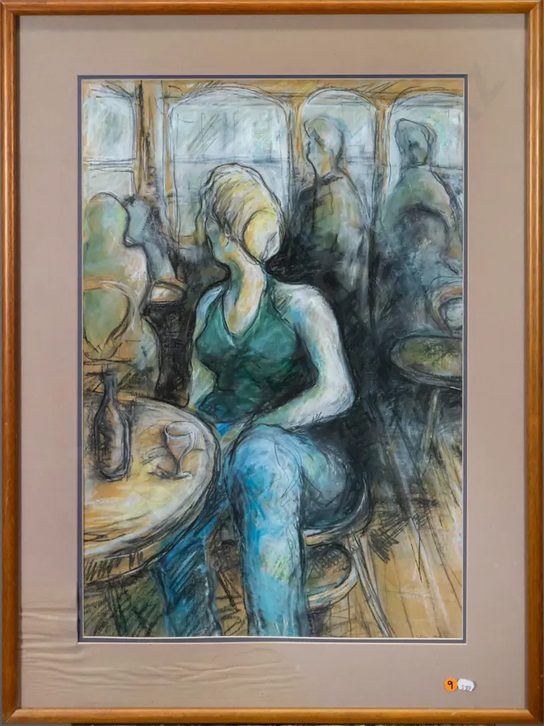 framed pastel - woman at table (mat needs attention) H-590 W-400 Image 1++