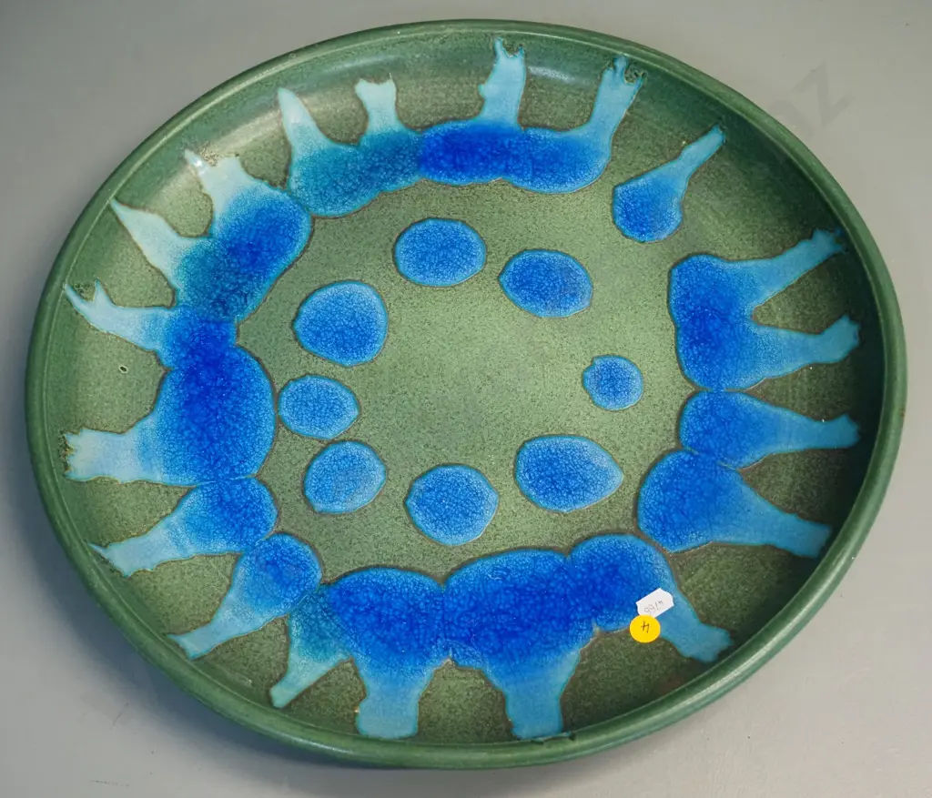large green and blue studio pottery platter / charger - signed Kay Seaward - diameter 430 Image 1++