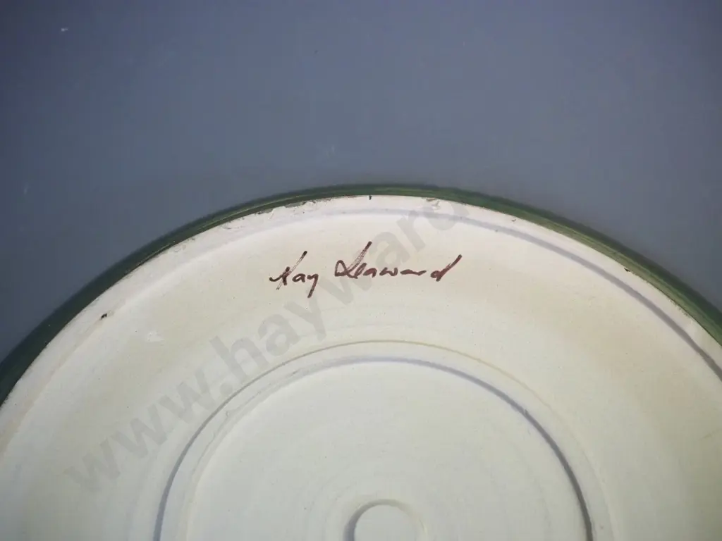large green and blue studio pottery platter / charger - signed Kay Seaward - diameter 430 Image 1++
