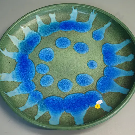 large green and blue studio pottery platter / charger - signed Kay Seaward - diameter 430